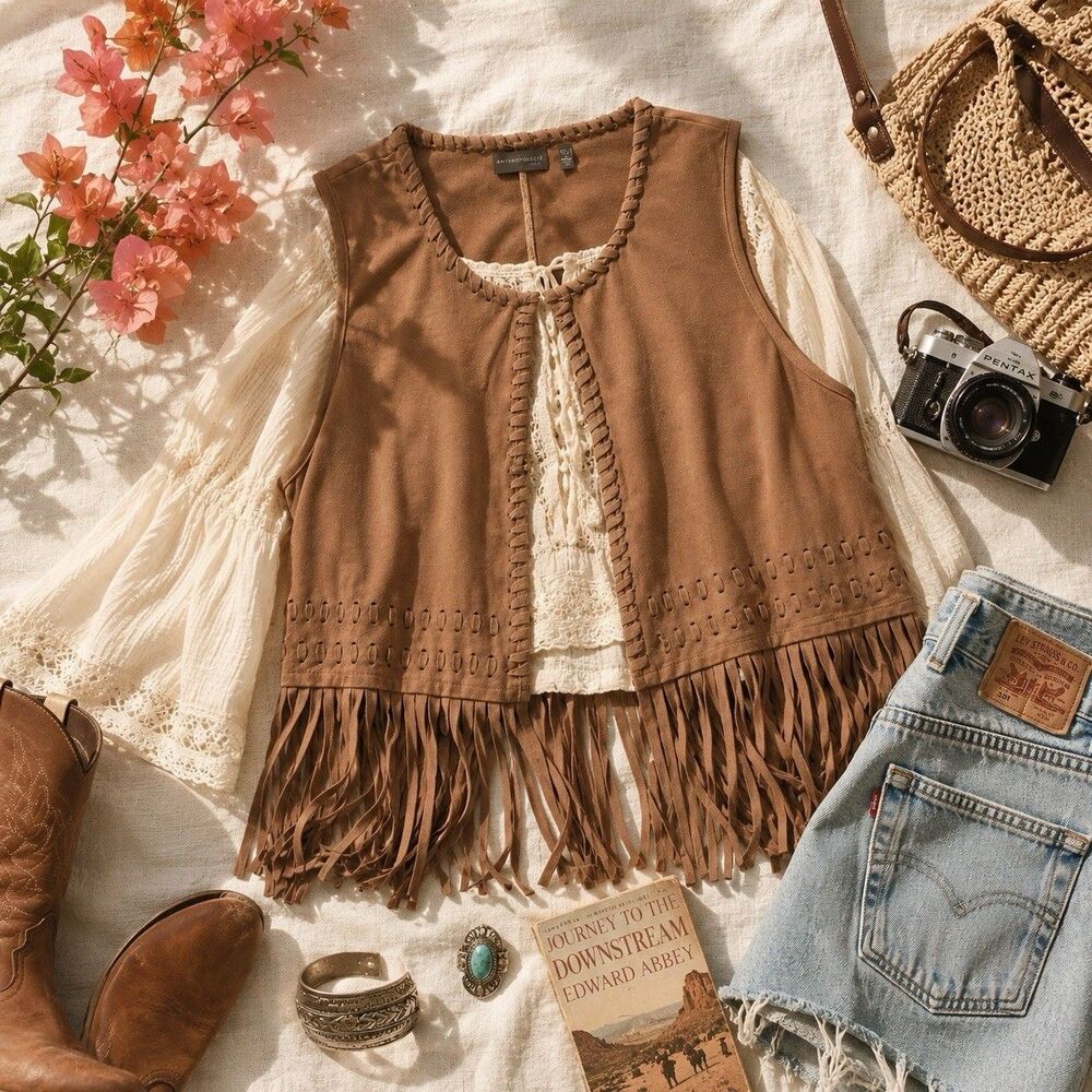 Revolution By Cyrus Faux Suede Fringe Vest Brown Boho Western Festival XL